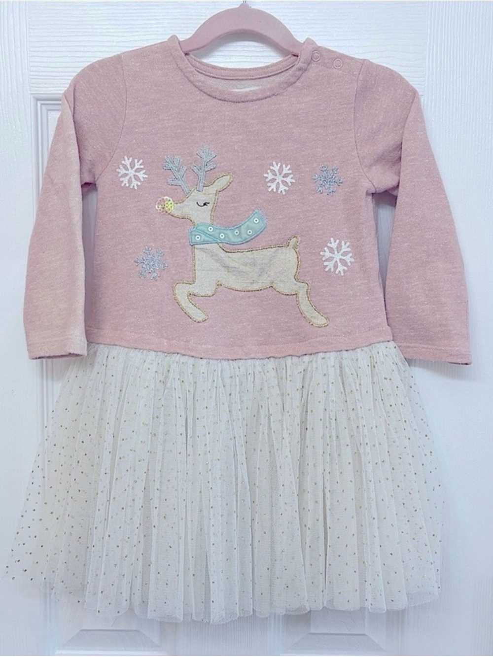 Mud Pie Pink Knit & Cream Tulle Reindeer Dress